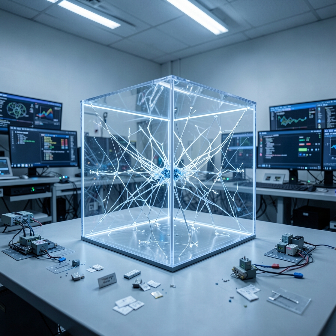 Abstract secure AI evaluation sandbox connected to cloud infrastructure and warning signals