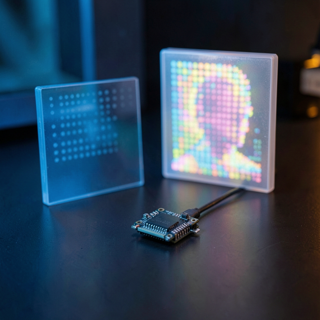 Compact microcontroller board generating a sequence of abstract face-like images on a laboratory display