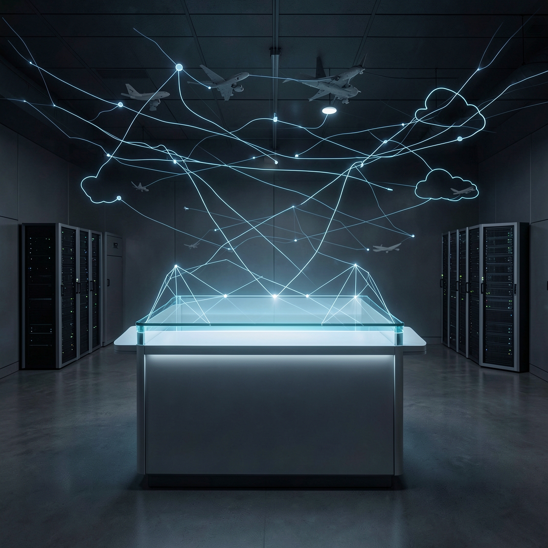 Editorial illustration of cloud AI systems coordinating airline operations without logos or people