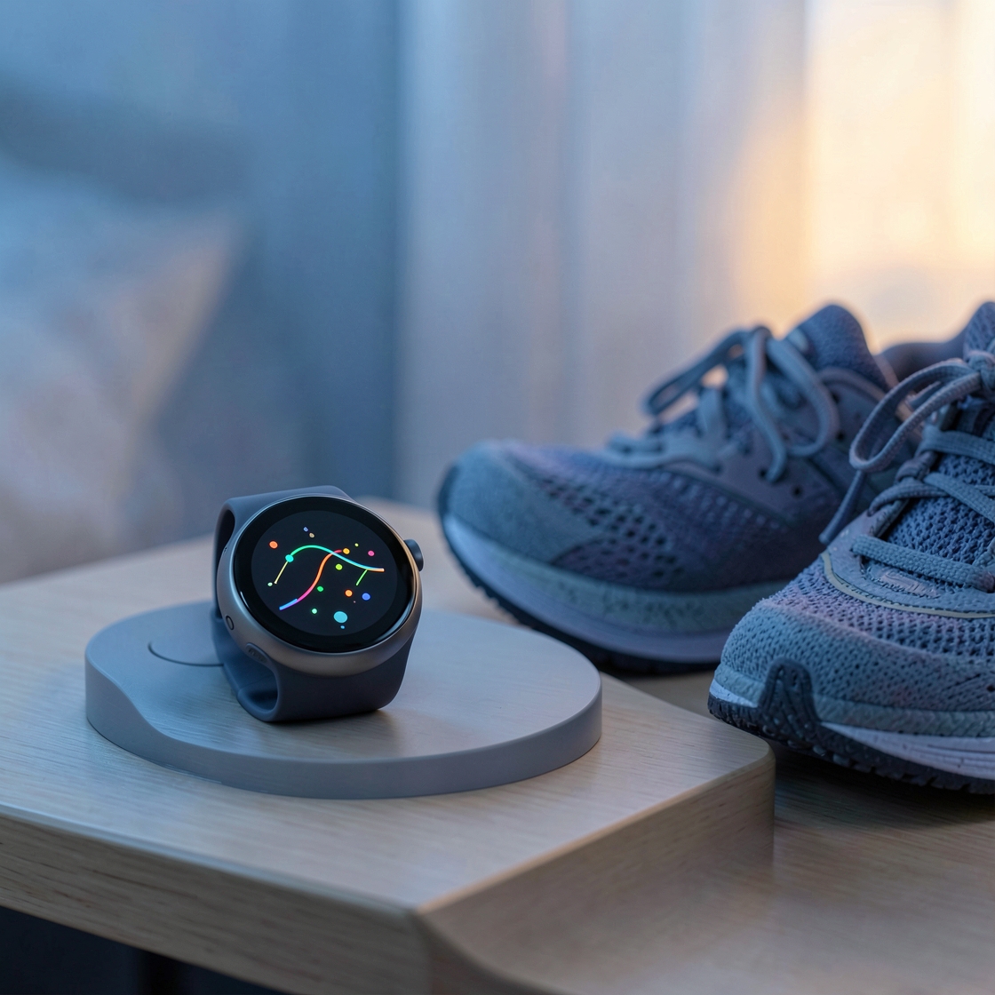 Editorial illustration of a round smartwatch showing abstract health trends beside a charging puck and running shoes