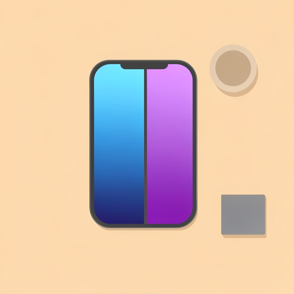 Editorial illustration of an unbranded book-style foldable smartphone open beside a notebook