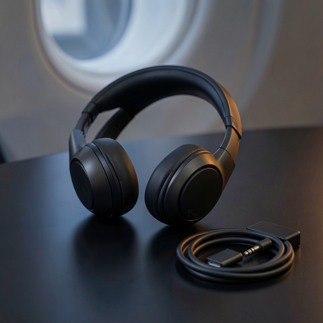 Editorial illustration of premium over-ear wireless headphones beside a replaceable battery module and travel audio cable