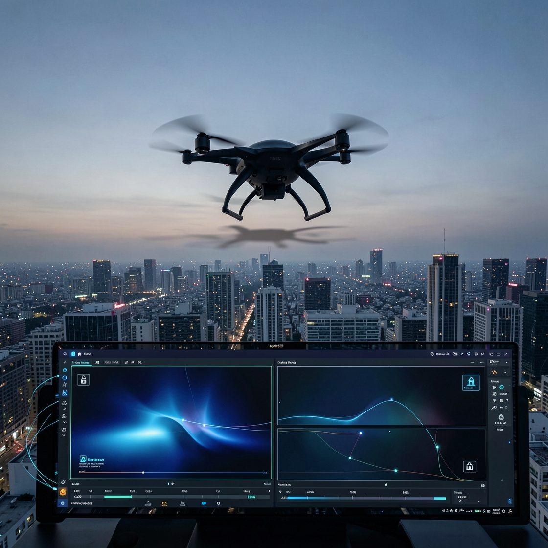 Editorial image of an urban drone surveillance control screen with privacy-focused visual elements