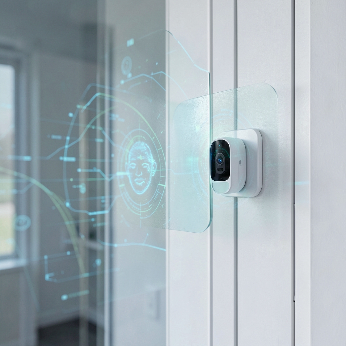 Smart doorbell camera beside an abstract privacy shield and biometric data pattern