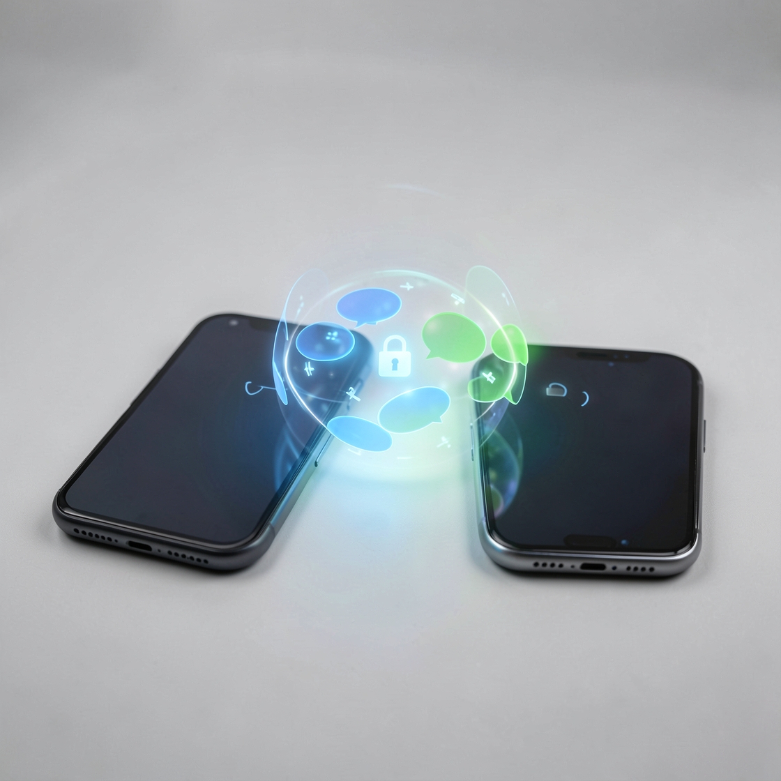 Generic smartphones connected through an encrypted relay with blue and green message bubbles