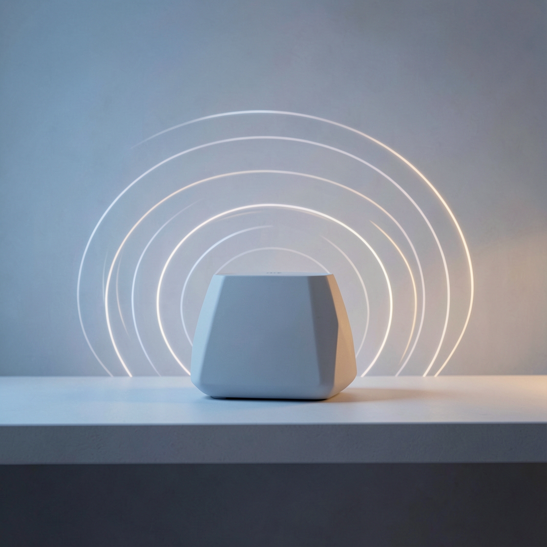 A futuristic unbranded home router with radiating network paths in a modern interior