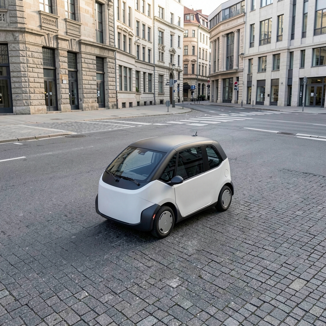 A supervised autonomous electric car travelling through a modern European city