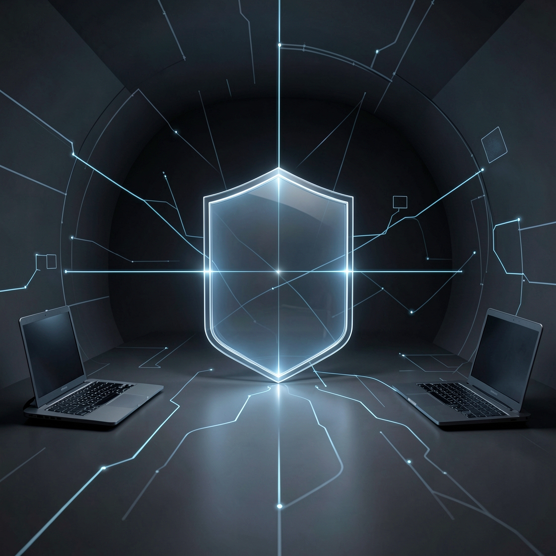 Abstract privacy and age assurance scene with a secure VPN tunnel, device silhouettes, and verification signals