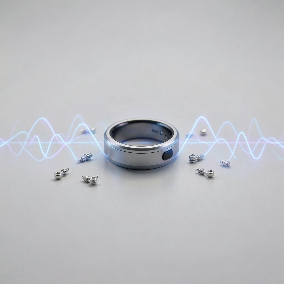 Unbranded smart ring beside abstract physiological sensor patterns