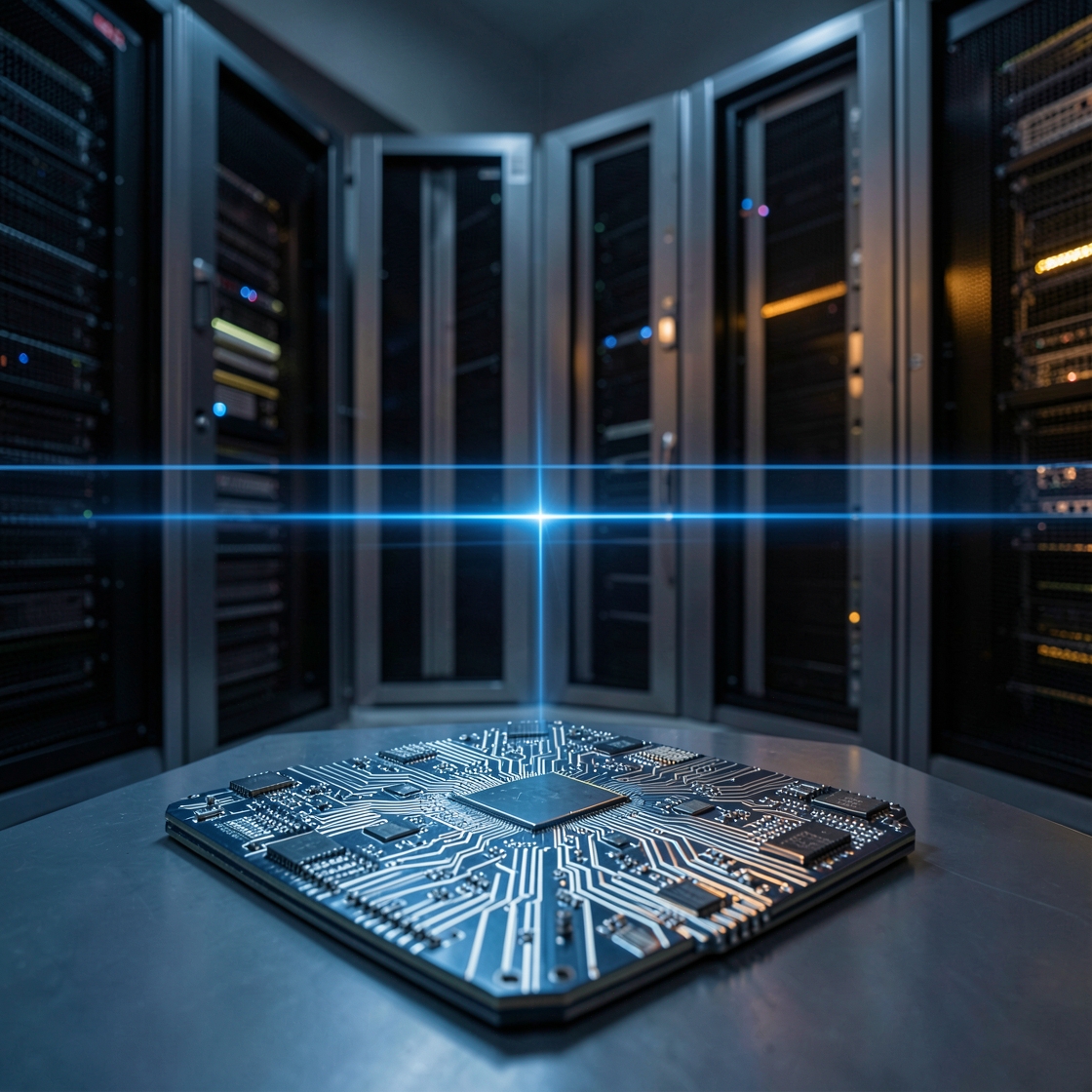 Advanced semiconductor wafer and server racks divided by a customs inspection line