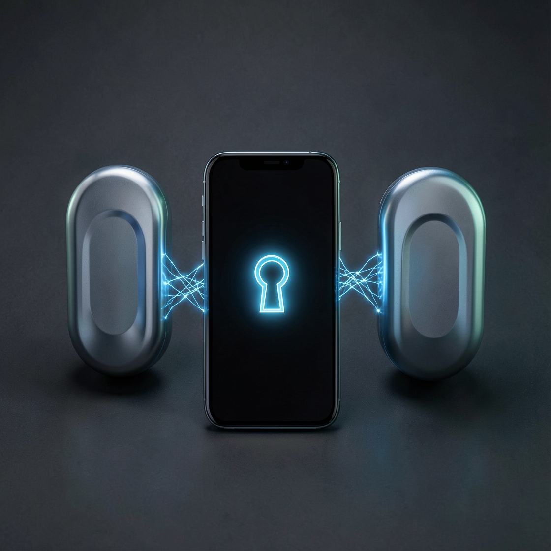 Secure smartphone authentication represented by a key-shaped light path across connected devices